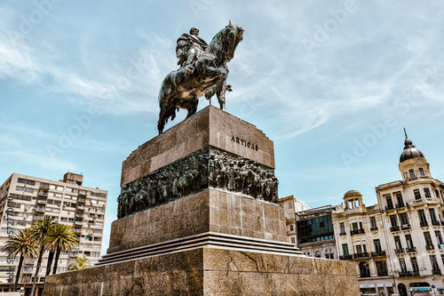 Montevideo, Uruguay - December 22, 2022: The monument to General José Gervasio Artigas, a 17-meter bronze equestrian statue with a granite base sculpted by Angelo Zanelli photo