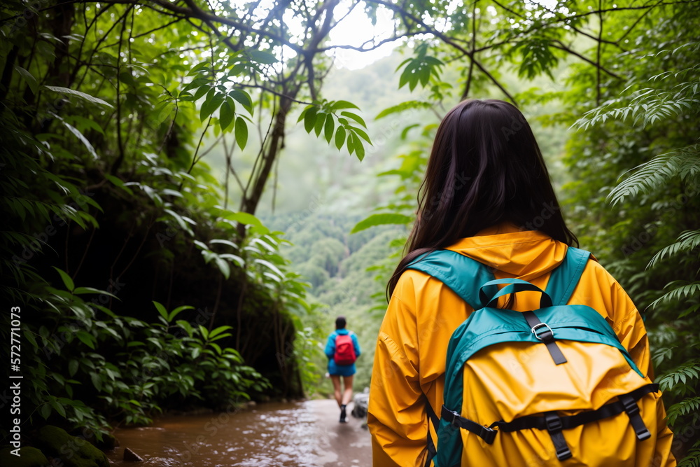 Women travelers in orange and blue raincoats with backpacks walking on tropical jungle trails. Generative AI Women travelers in orange and blue raincoats with backpacks walking on tropical jungle trails. Generative AI