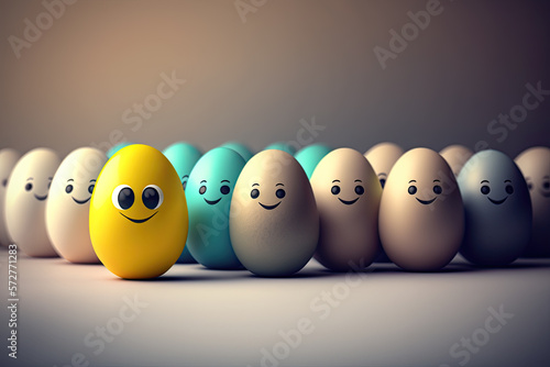 Eggs standing upright with a smile standing out from the crowd Generative AI