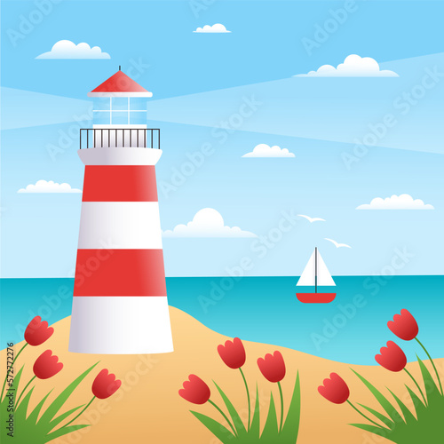 Lighthouse on the beach of the seashore. Spring  summer landscape. Vector flat illustration with gradients.