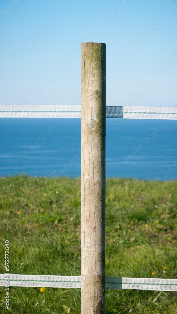 Valla eléctrica en pradera de hierba junto al mar Valla eléctrica en pradera de hierba junto al mar