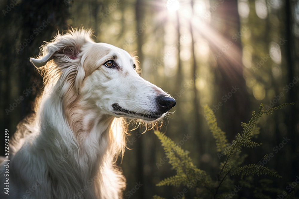 Fototapeta premium Borzoi dog portrait on a sunny day in the forrest