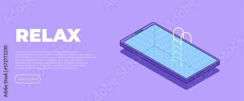Booking vacation online. Phone with swimming pool inside. Party invitation concept. Planning summer holidays. Smartphone influence online messages and apps. Social networks addiction vector poster