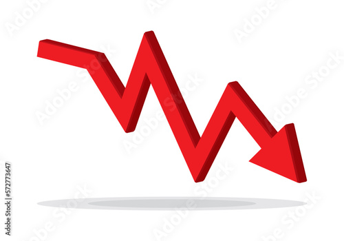 Red 3d arrow going down stock icon on white background. Bankruptcy, financial market crash icon for your web site design, logo, app, UI. graph chart downtrend symbol.chart going down sign.