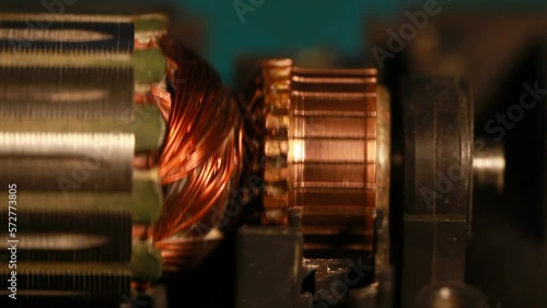 collector electric motor, rotor rotation, red copper wires
