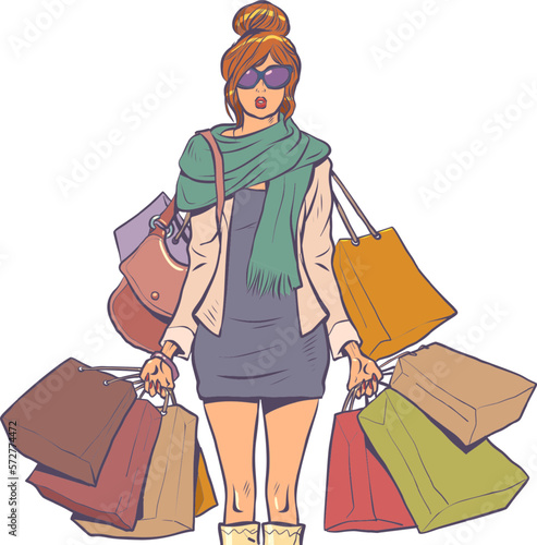 Stylish girl with many packages. Shopping in malls.