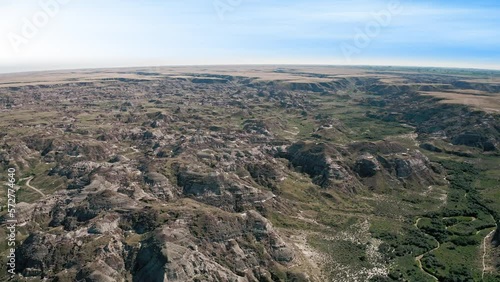 drone fly above Valley of Drumheller Alberta Dinosaur Provincial park