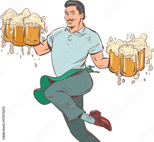 An elegant man with a mustache carries mugs of beer. Waiter in a bar, restaurant or tavern. Service staff, delivery