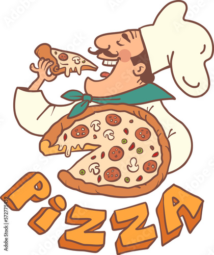 A man in a cap and a chefs uniform is holding and eating pizza. Italian signature restaurant. Delivery of the most delicious and fresh food. Product quality assurance.