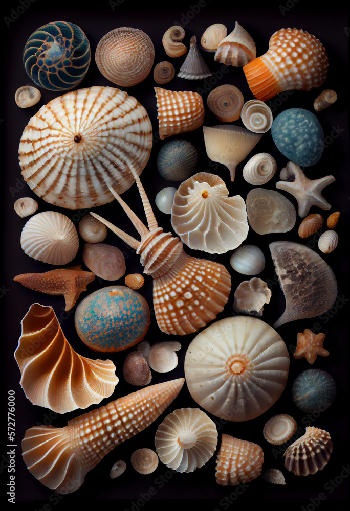 Hintergrund aus Muscheln und Schätzen aus dem Meer - Generative Ai Hintergrund aus Muscheln und Schätzen aus dem Meer - Generative Ai