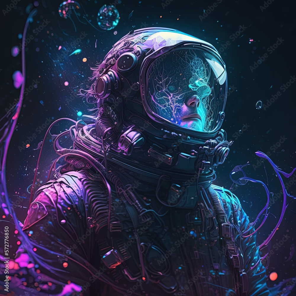 Astronaut in space suit. Illustration in cyberpunk style, retro vibe. Generative AI Astronaut in space suit. Illustration in cyberpunk style, retro vibe. Generative AI