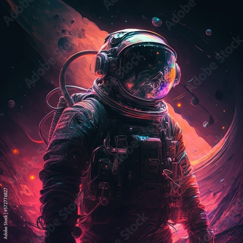 Astronaut in space suit. Illustration in cyberpunk style, retro vibe. Generative AI