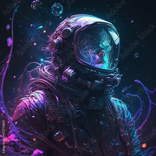 Astronaut in space suit. Illustration in cyberpunk style, retro vibe. Generative AI © Snowboy