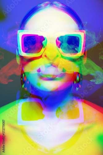 Woman portrait with classic hairstyle  big retro sunglasses and round earrings blowing dense smoke from mouth. RGB channel color split effect applied. Futuristic looking style