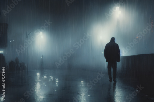 Rear view of man in black coat and hat standing in rain on city street at night. Generative AI