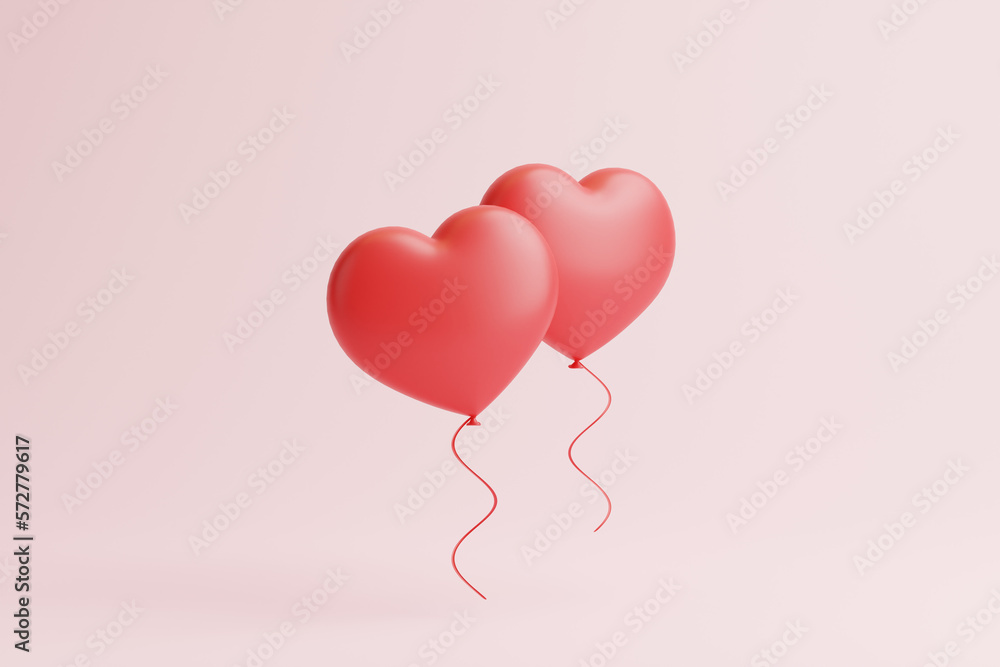 Two red heart shaped balloons isolated on a pink background. Valentine's day concept. 3d render illustration Two red heart shaped balloons isolated on a pink background. Valentine's day concept. 3d render illustration