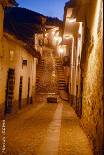 Night, romantic scene - street with lights in city of cuzco peru