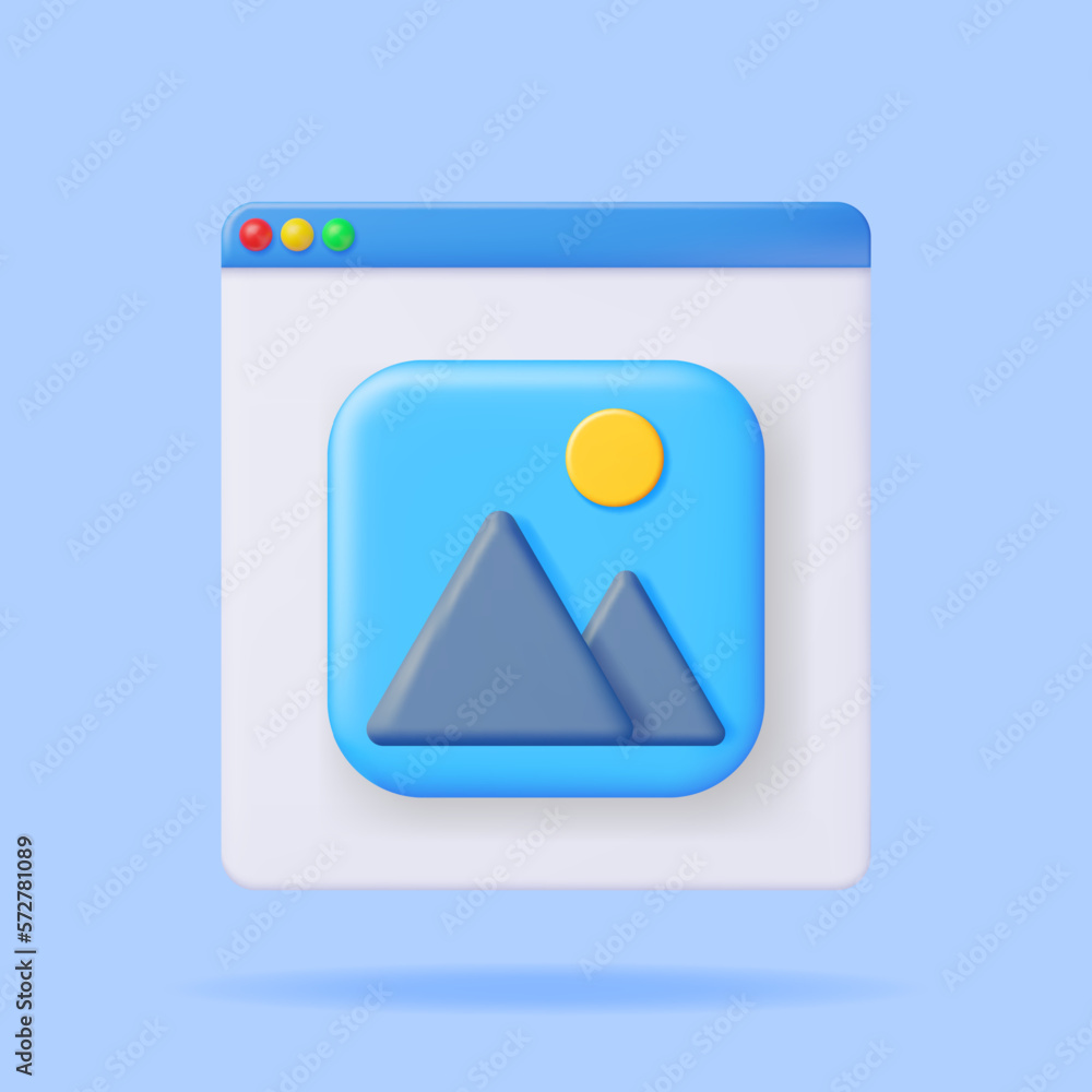 3D Gallery Icon in Browser Window Isolated. Minimal Mountains with Sun Under Blue Sky. Cartoon Render Photo Icon. App Image File. JPG Photo Symbol. Simple Geometric Element Design. Vector Illustration 3D Gallery Icon in Browser Window Isolated. Minimal Mountains with Sun Under Blue Sky. Cartoon Render Photo Icon. App Image File. JPG Photo Symbol. Simple Geometric Element Design. Vector Illustration