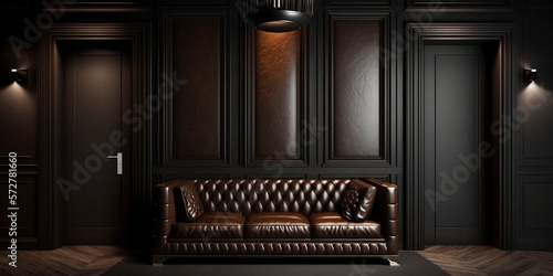 Luxury dark living room interior with brown sofa mock up, modern interior background, empty black wall mockup, 3d illustration