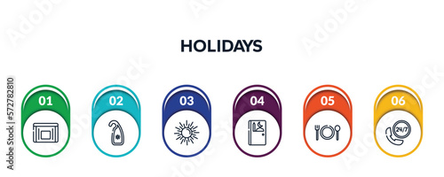 holidays outline icons with infographic template. thin line icons such as sick bag, hang, spring sun, prayer room, plate with fork and knife cross, hotel phone vector.
