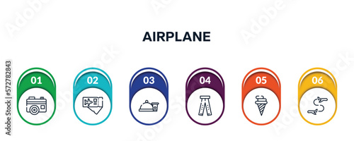 airplane outline icons with infographic template. thin line icons such as vintage digital photo camera, airplane tickets, snacks, ripped jeans, icecream cone, flight transfer vector.