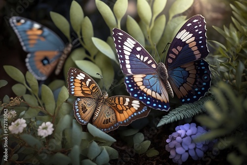 Close up image of beautiful butterflies posing on bushes. Generative AI illustration