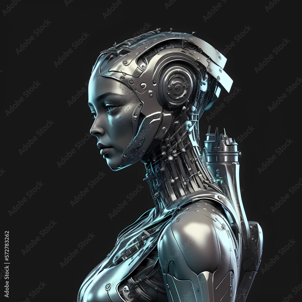 Synthetic humanoid robot, artificial intelligence. Portrait of gynoid