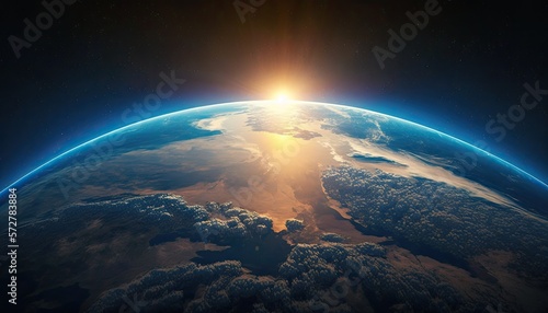 Curvature of planet Earth. Aerial view of blue planet from space. Sunrise over globe land and ocean generative ai