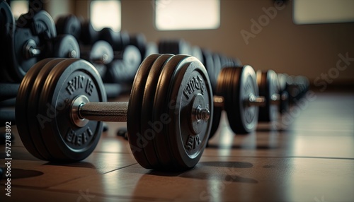 dumbbells on the floor in concept fitness room with training equipments in the back. Blurred background generative ai