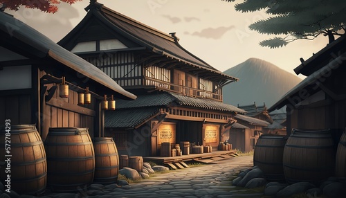 A picturesque view of a sake brewery nestled in a scenic Japanese countryside
