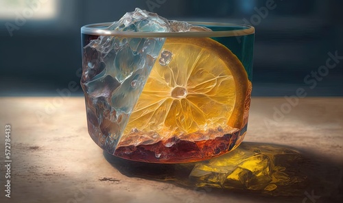  a glass with ice and a lemon in it on a table. generative ai