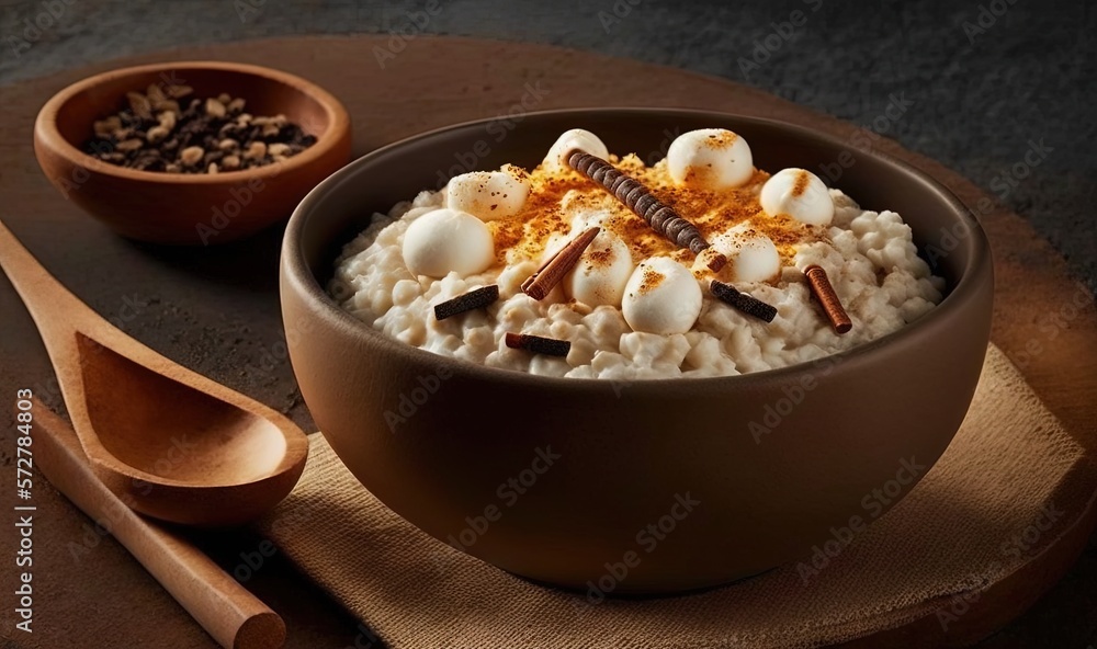 a bowl of oatmeal topped with marshmallows and cinnamon. generative ai a bowl of oatmeal topped with marshmallows and cinnamon. generative ai