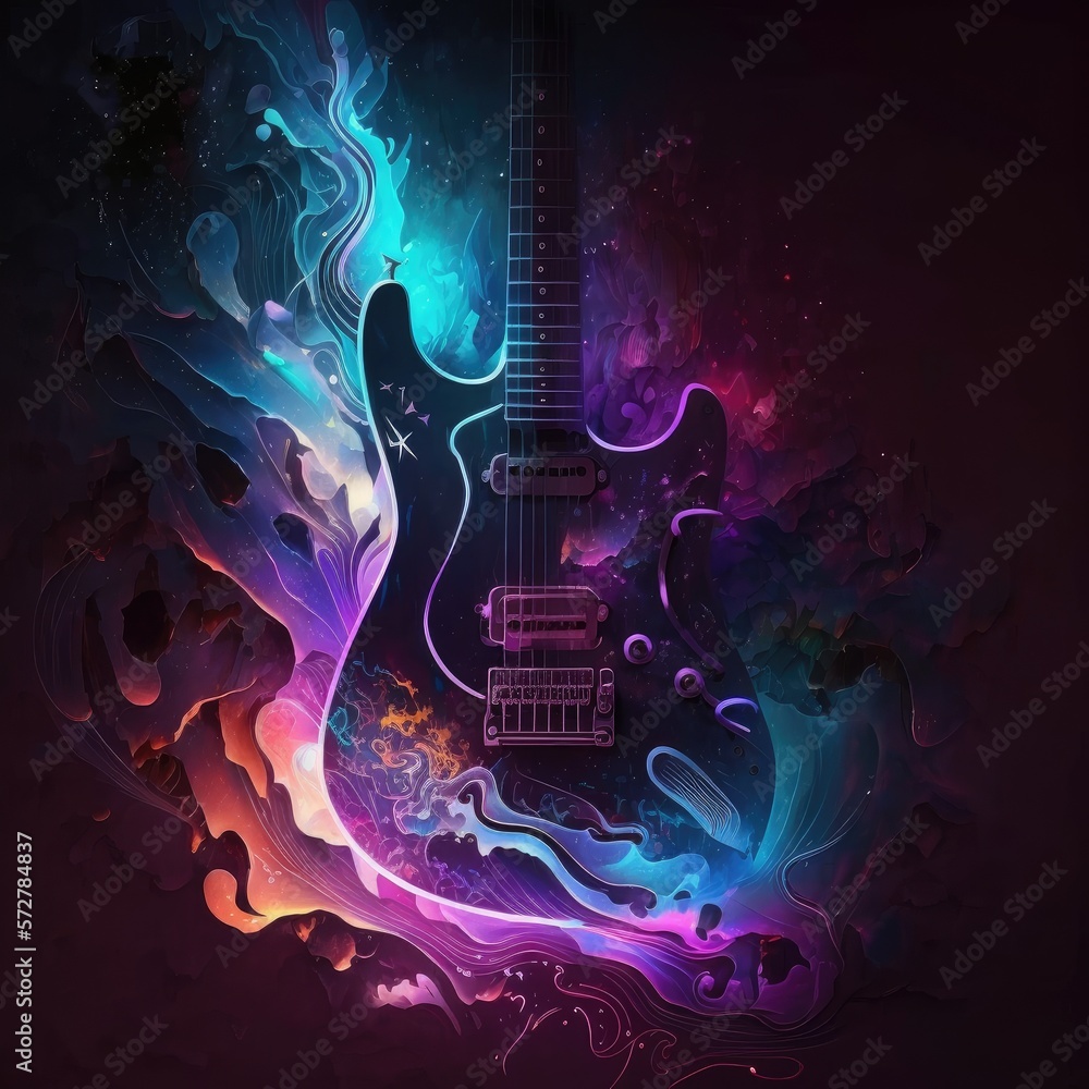 Abstract canvas neon light guitar artwork design digital art wallpaper glowing space background - generative ai