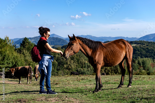 Horse and girl outdoors on sunny day © deil82