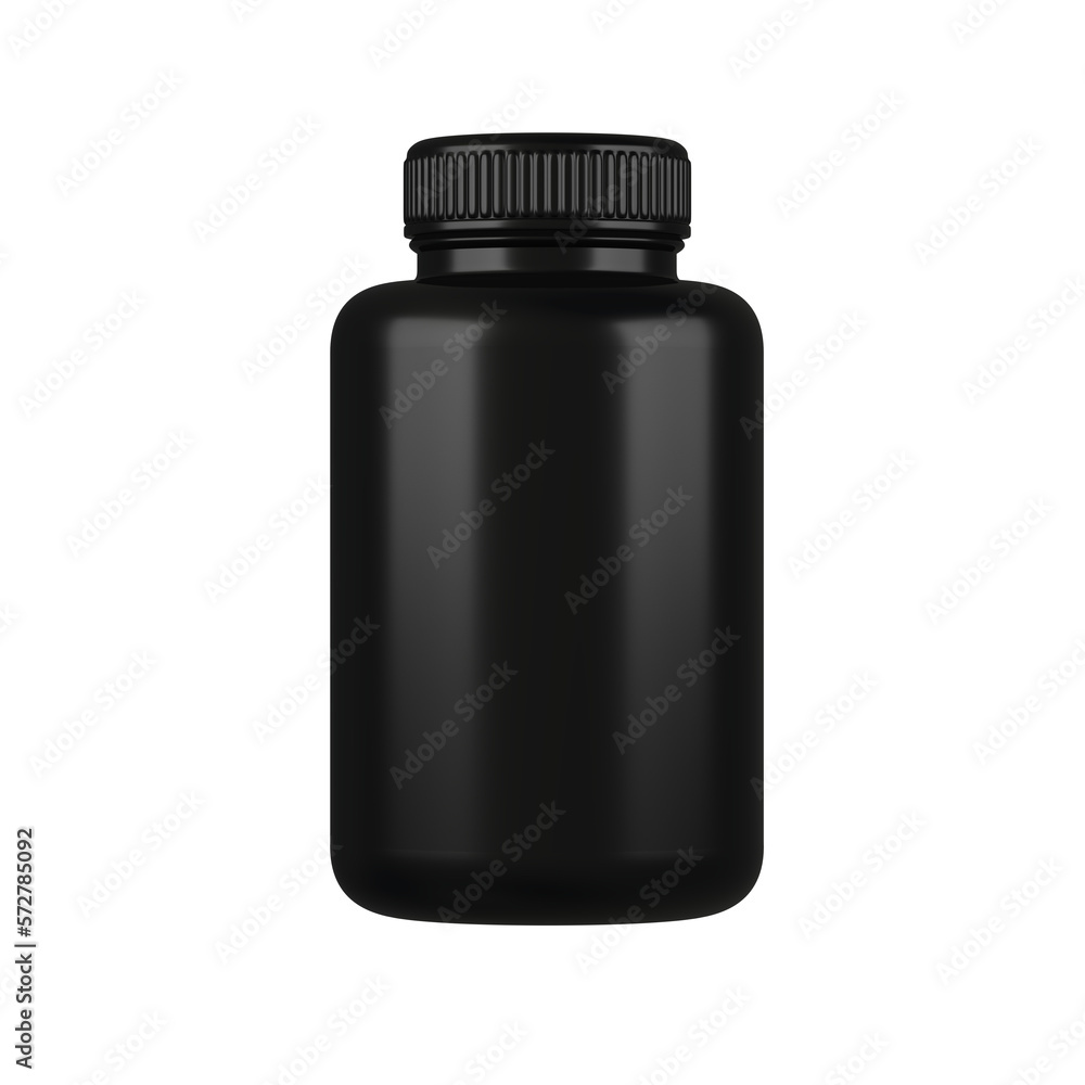Black plastic medicine bottle. Isolated. Supplement Packaging. Medicine. 3d illustration.