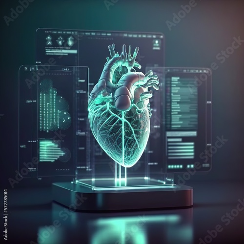 Cardiologist examine patient heart functions and blood vessel on virtual interface. Medical technology and healthcare, Generative AI