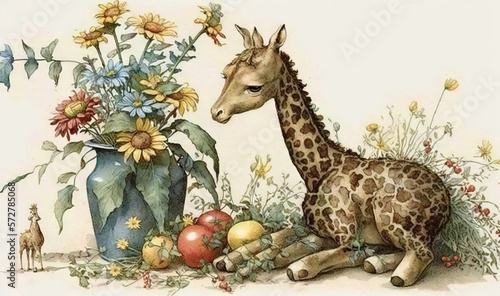  a giraffe laying down next to a vase of flowers.  generative ai