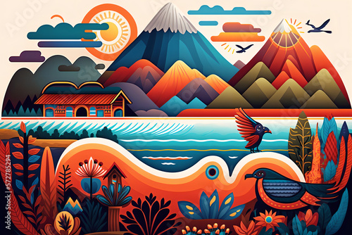 Natural beauty and rich culture of Chile. Featuring the Andes, Atacama desert, Pacific Ocean, Mapuche textiles, and iconic landmarks like Valparaiso and Easter Island. Generative AI photo