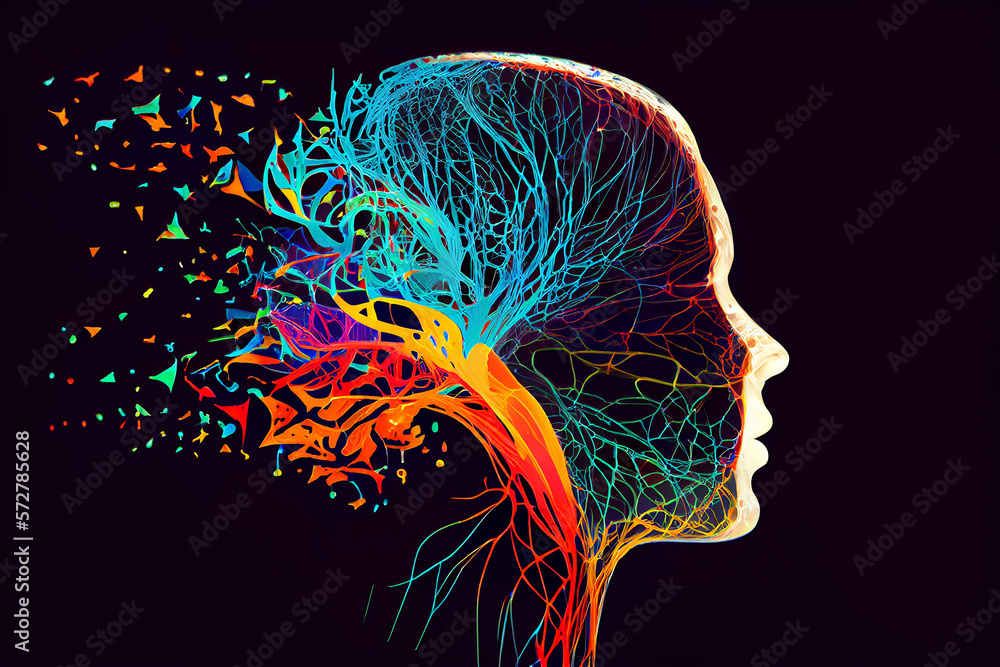 Profile of a human head with a colorful symbol of neurons and mental waves. Generative AI Profile of a human head with a colorful symbol of neurons and mental waves. Generative AI