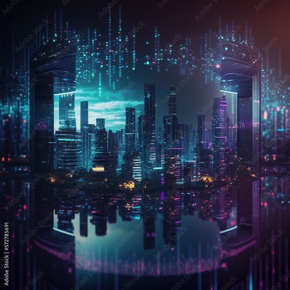 Future digital cityscape technology The concept of cyber virtual industrial nft metaverse and big data, generative ai