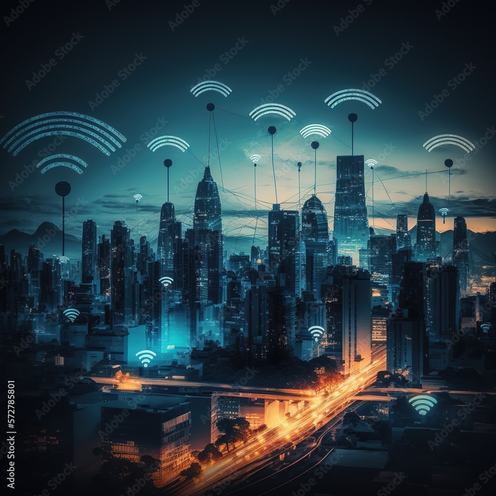 Future digital cityscape cyber virtual industrial nft metaverse and big data concept, generative ai