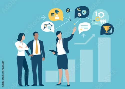 A young female manager explains her business idea. Illustration of a business plan. From idea to profit. Business vector illustration. 