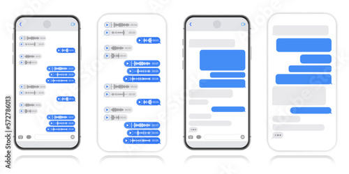 Social media design concept. Smart Phone with messenger chat screen and voice wave. Sms template bubbles for compose dialogues. Modern vector illustration flat style.