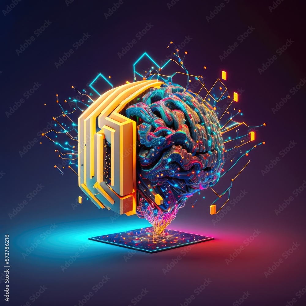 Fototapeta premium Microchip inside cloud of dots and lines in shape of biological brain, organic nervous system. Electric activity inside the system. Connecting lines to wide web outside, AI Generative.