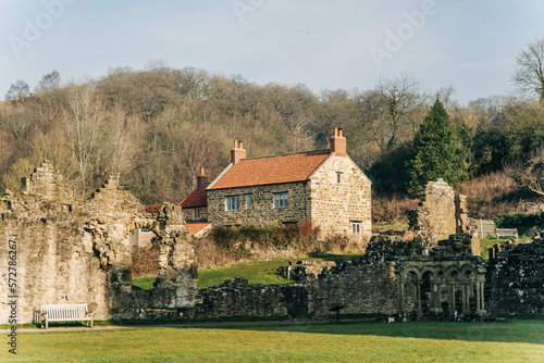 Lone stone cottage on the hill on the outskirts of Rievaulx Abbey, North Yorkshire.