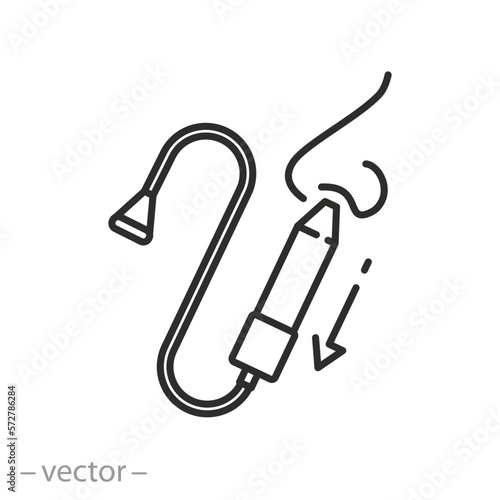nasal aspirator icon, suction cleaner nose, removal of snot from the nose, thin line symbol on white background - editable stroke vector illustration