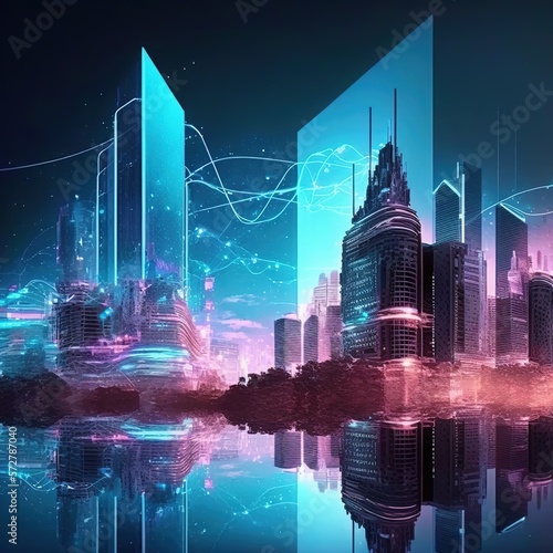 Future digital technology of city scape cyber virtual industrial nft metaverse and big data concept. generative ai