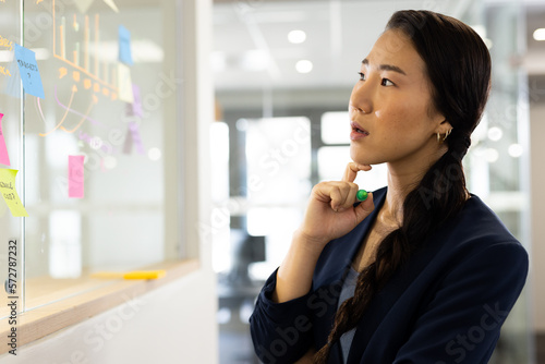 Thoughtful asian woman brainstorming and writing on glass board in office