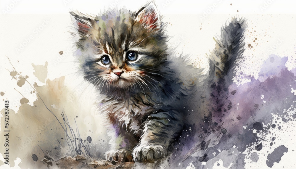 watercolor painting cute kitten background - generative ai