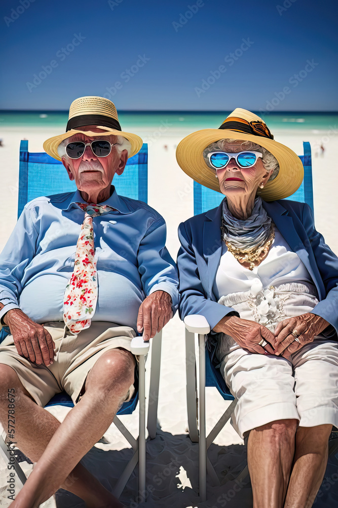 AI generated stylish elderly couple enjoying a sunny day on the beach, relaxing on lounge chairs, wearing fashionable sunglasses and hats, with colorful beach umbrellas in the back